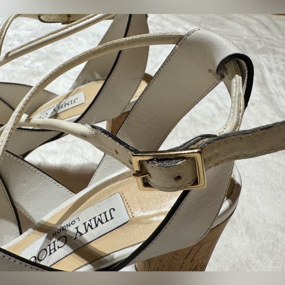 Jimmy Choo Sz 7.5 (37.5) white Sandals w/ Chunky Cork Heel - Excellent Condition - Picture 9 of 16